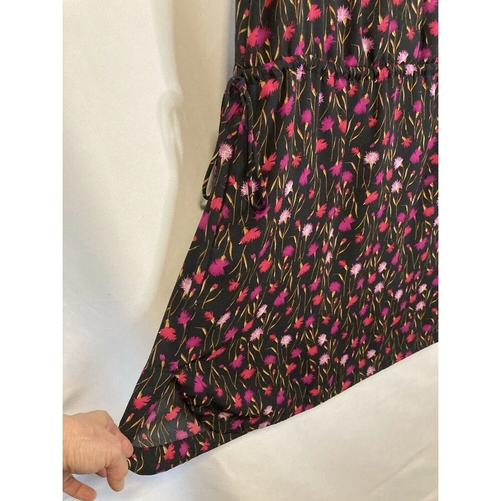 GAP Mini Dress M Drawstring Waist Black Pink Ditsy Floral Fairy Sleeveless Boho